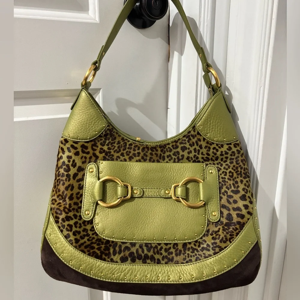 Cole Haan Stephanie Leopard Haircalf Hobo Bag Moss Green Leather NWT $395